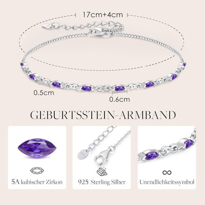 925 Sterling Silber Armband Damen mit Zirkonia Geburtsstein, Verstellbar