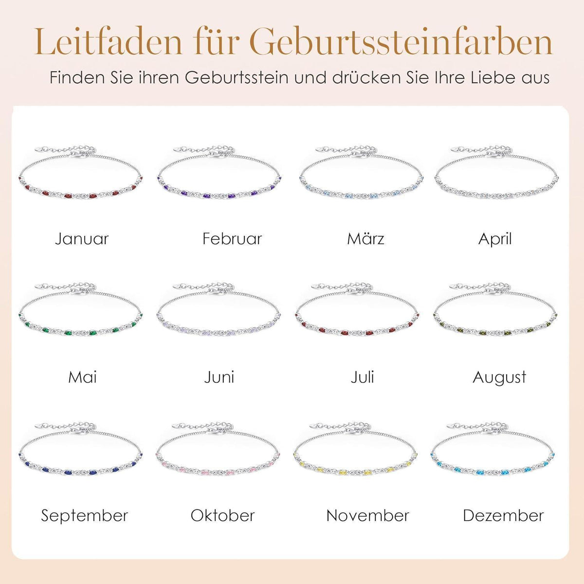925 Sterling Silber Armband Damen mit Zirkonia Geburtsstein, Verstellbar