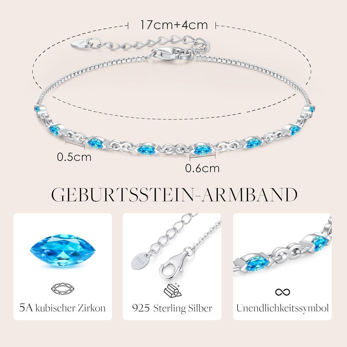 CDE Infinity Armband Damen Silber 925 mit Zirkonia Geburtsstein