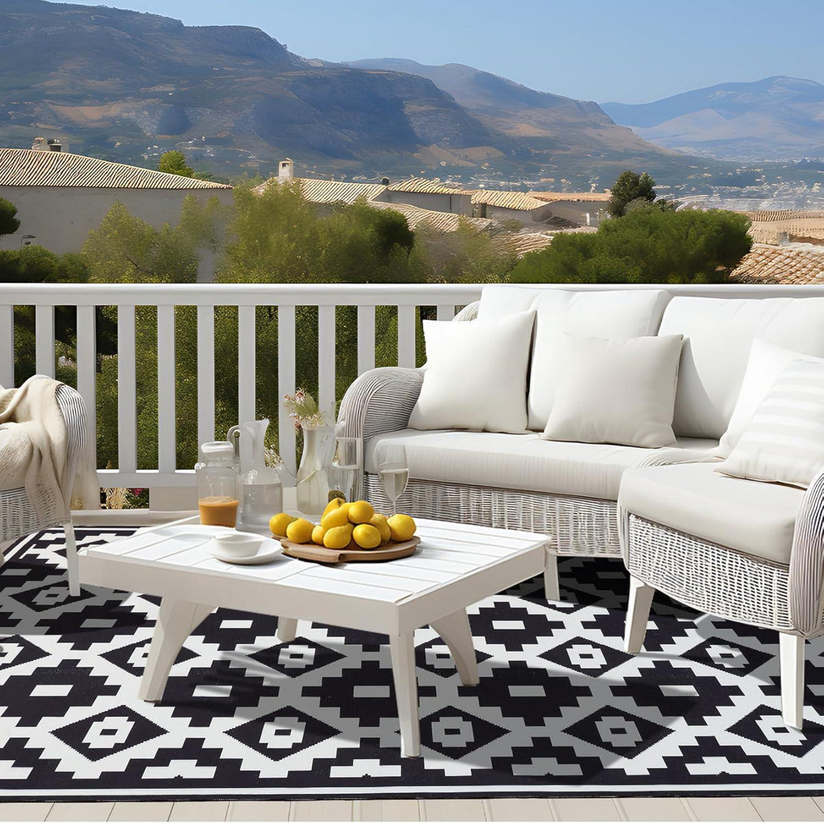 Wetterfester Outdoor Teppich Schwarz-Weiß 150x240cm Modern Wohnzimmer Balkon