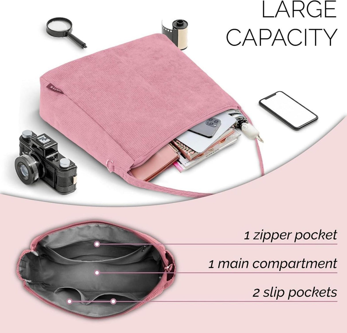 Damen Cord Shopper Handtasche Umhängetasche mit Reißverschluss und Gurt
