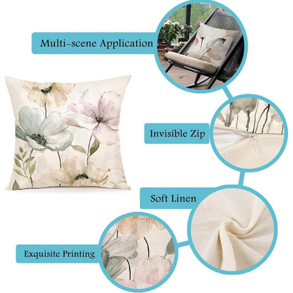 Blumen Kissenbezug 40x40 - 4er Set Leinen Outdoor Deko