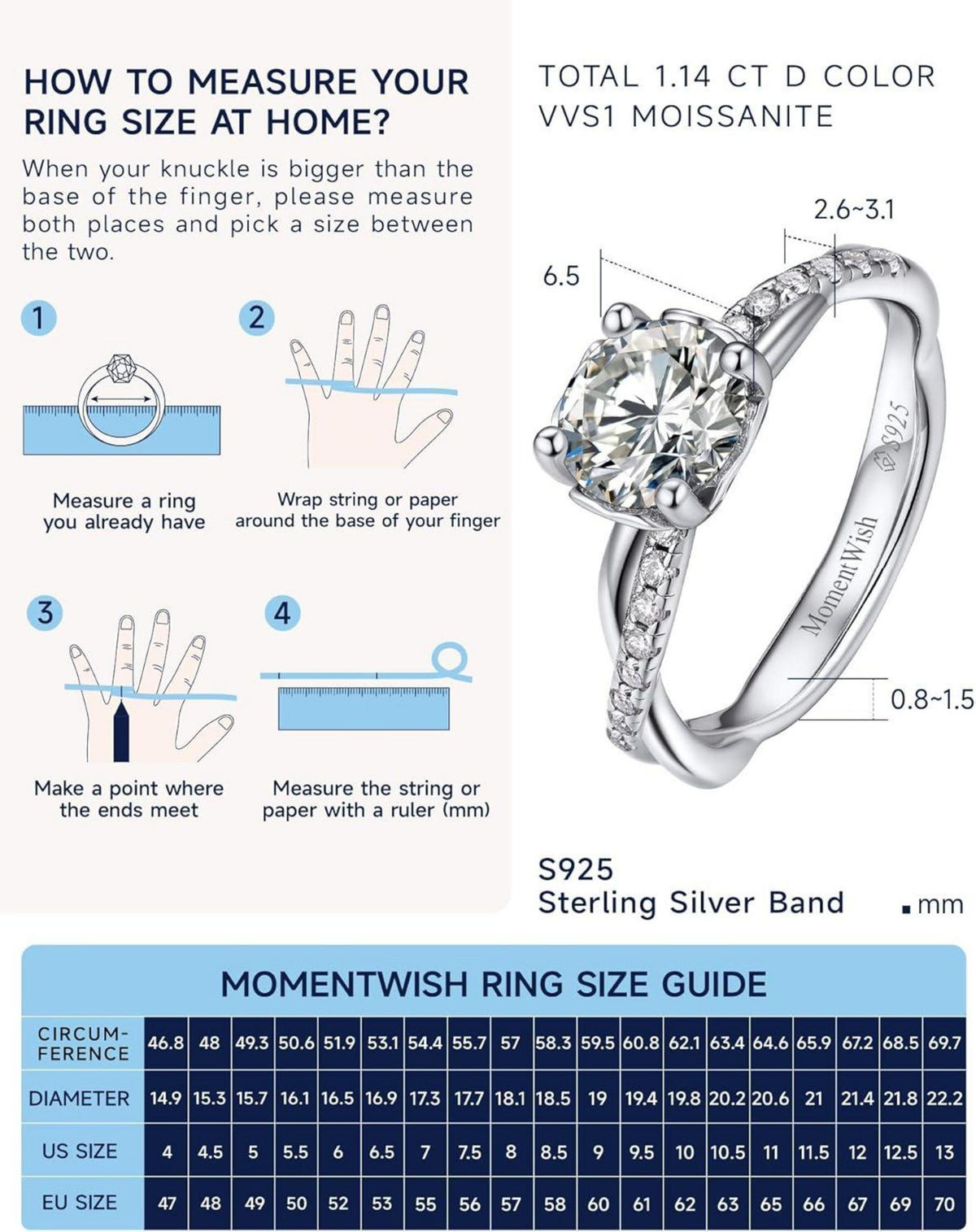 Verlobungsring Damen 1 Karat Moissanite Silber 925 Geburtstagsgeschenk