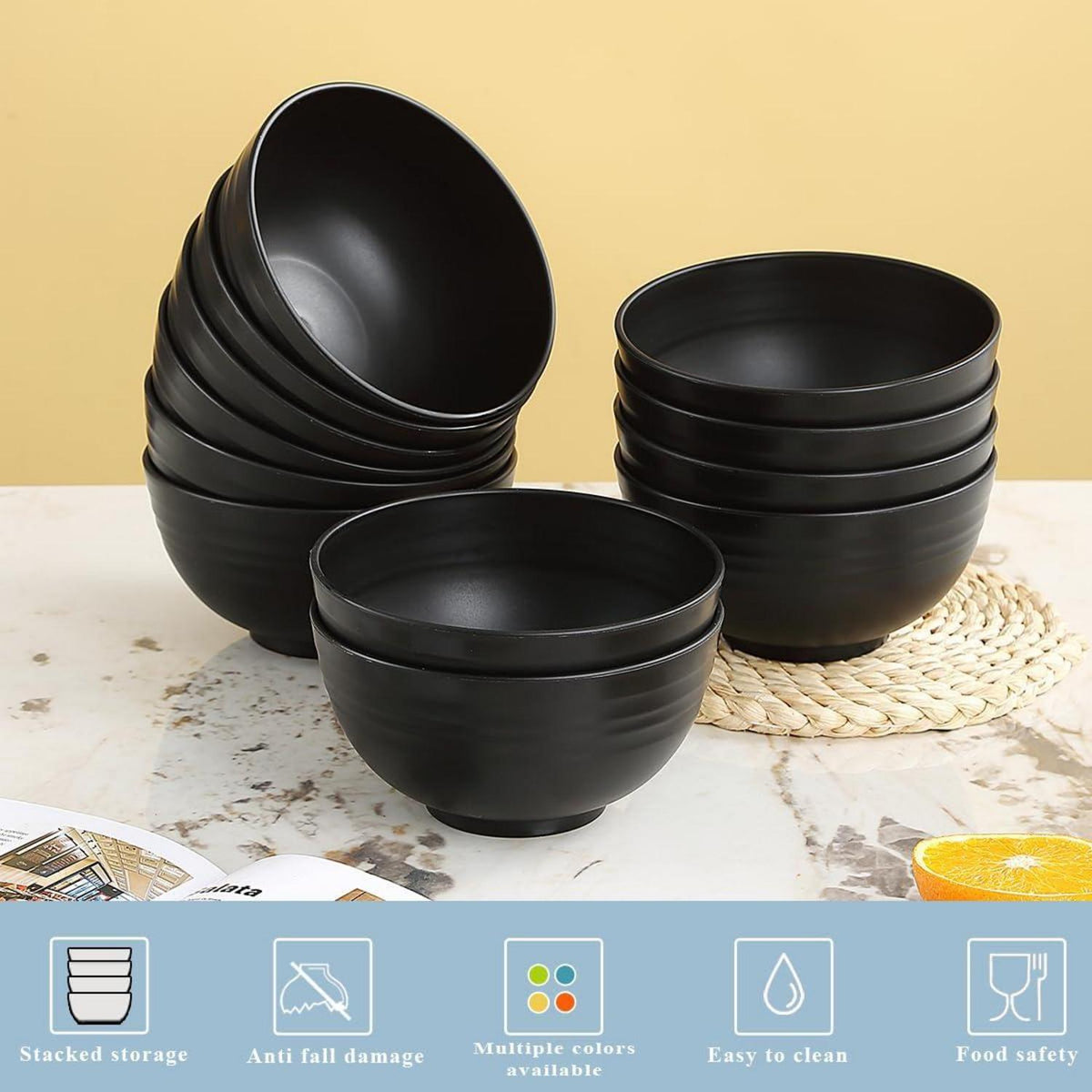 12er Set 750ml Kunststoff Schalen Schwarz Mehrweg Ramen Suppenschüsseln