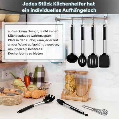 Küchenhelfer Set Silikon Schwarz, 7-tlg. Edelstahlgriff Antihaft