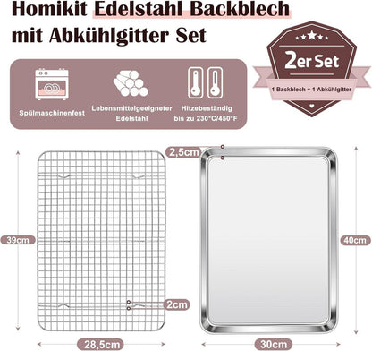 Homikit Backblech mit Abkühlgitter aus Edelstahl 40x30x2,5cm