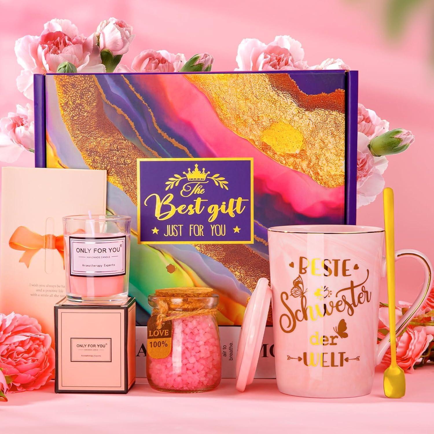 Geschenkset für Schwester - Kaffeetasse, Duftkerze, Badesalz