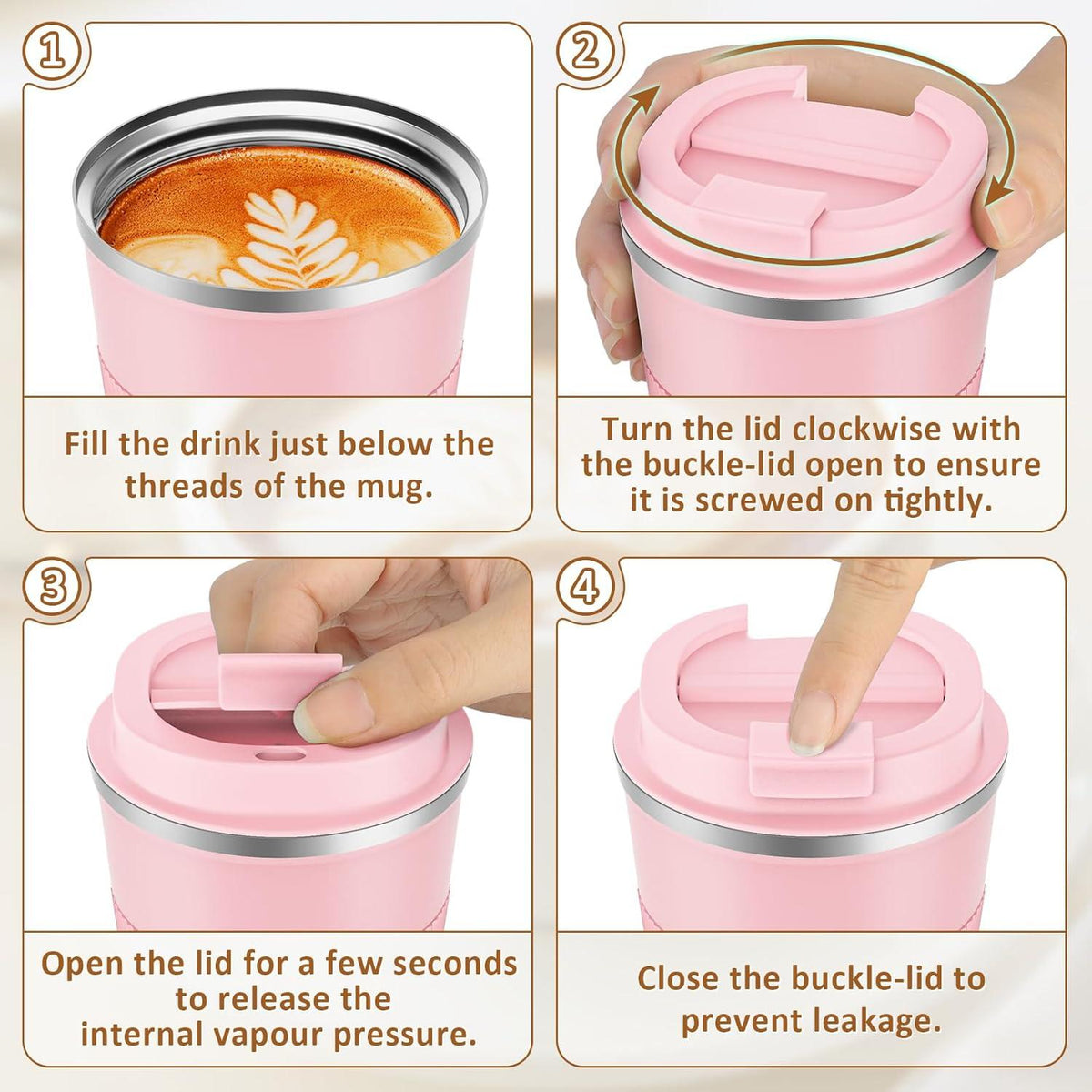 KETIEE 380ml Thermobecher Kaffee to go Doppelwandig Rosa