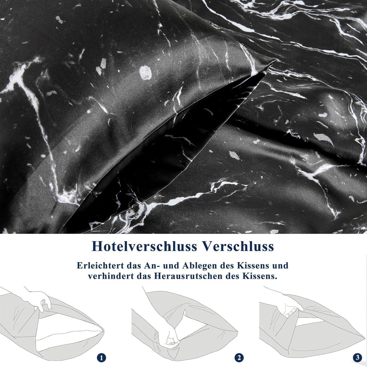 Satin Kissenbezug 40x80 Schwarz Marmor mit Haargummis - Pflege für Haar und Haut