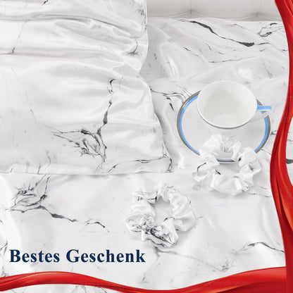 Satin Kissenbezug 2er Set 40x80 Weiß Marmor Haargummis Pflege Haut