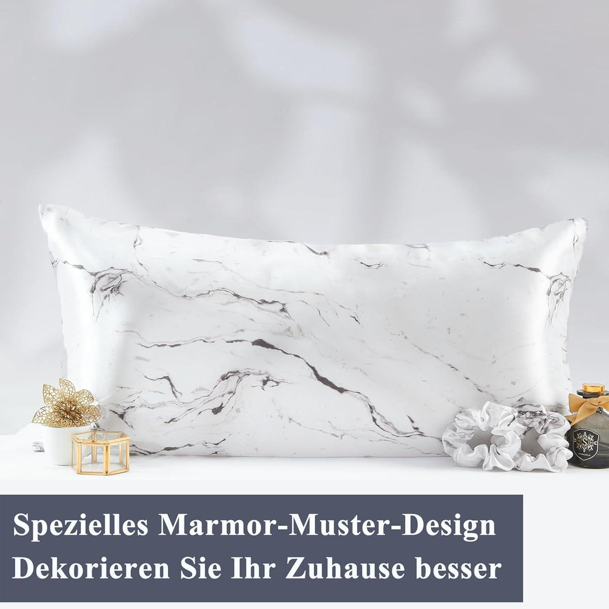2er Set Satin Kissenbezug Weiß Marmor 40x80 mit Haargummis