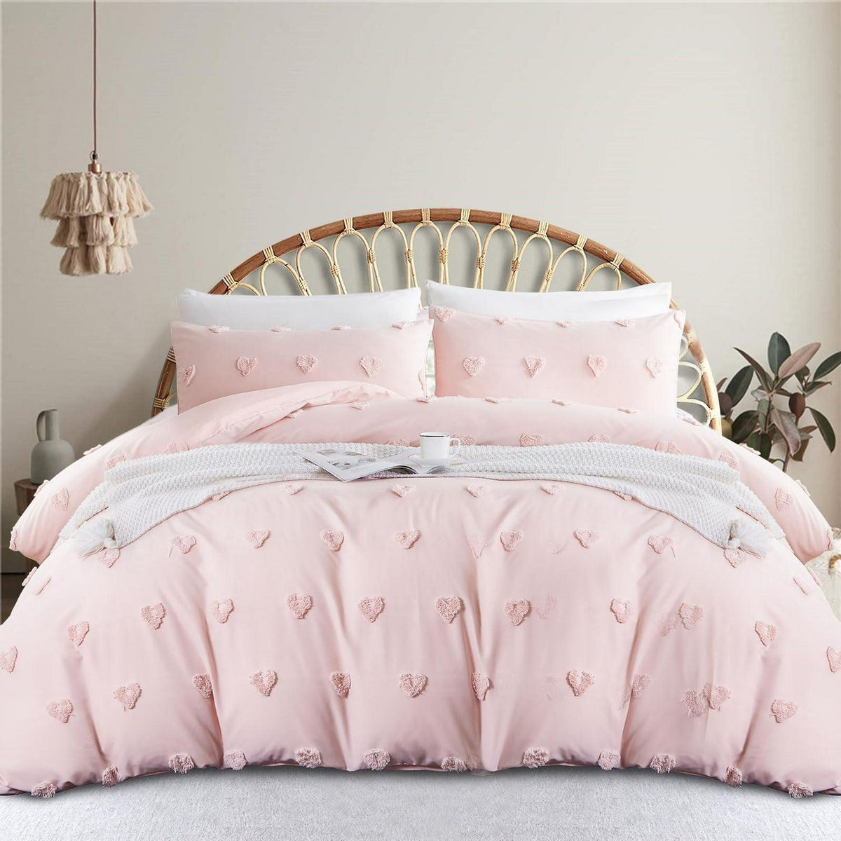 Boho Bettwäsche Set Rosa Getuftet 200x220cm Herz Design