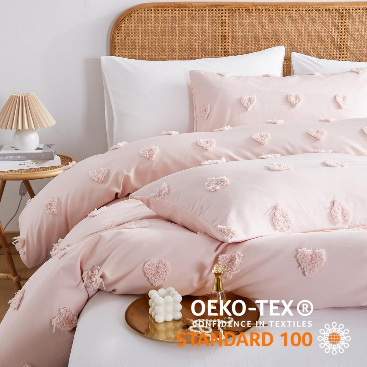 Boho Bettwäsche Set Rosa Getuftet 200x220cm Herz Design