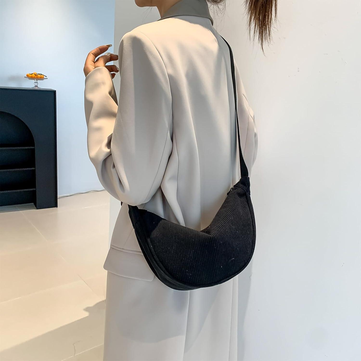 Kleine Halbmondtasche aus Cord Schultertasche Damen Stoff Umhängetasche A-schwarz