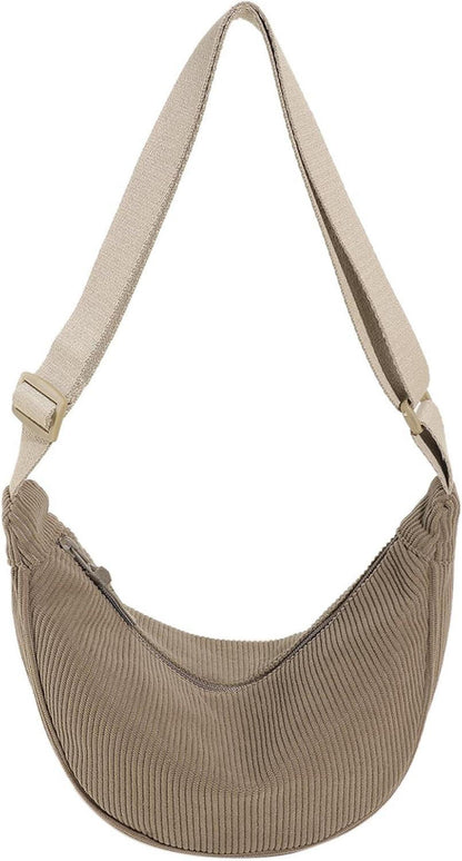 Kleine Halbmondtasche aus Cord für Damen - Crossbody Bag in A-khaki