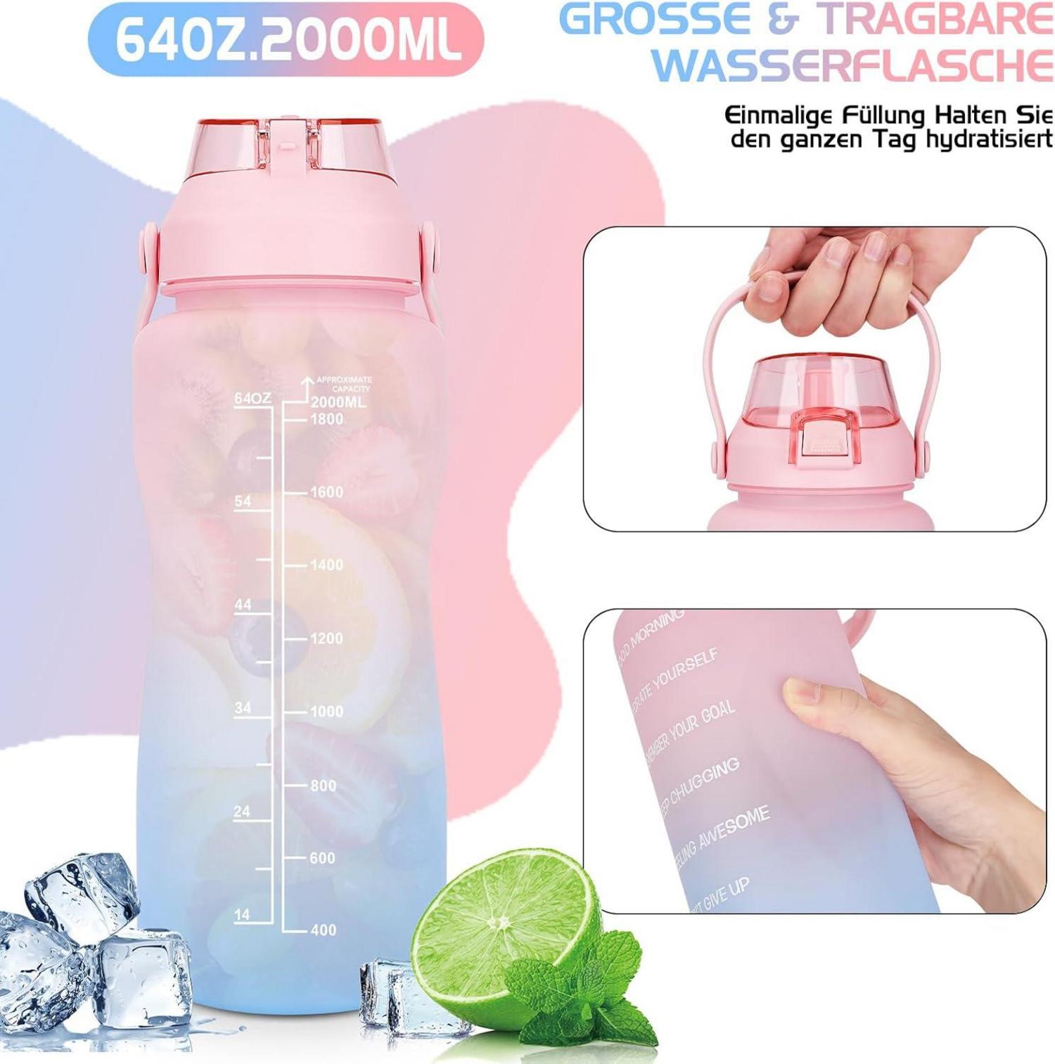 2l Trinkflasche BPA-Frei Auslaufsicher Strohhalm Zeitmarkierung