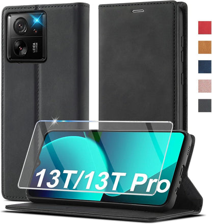 Handyhülle Xiaomi 13T Pro Leder Wallet Schutzhülle mit Ständer Schwarz