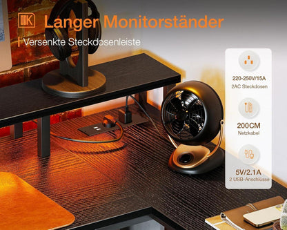 Großer Schreibtisch LED Beleuchtung Steckdosen Schwarz 172.5×100 cm