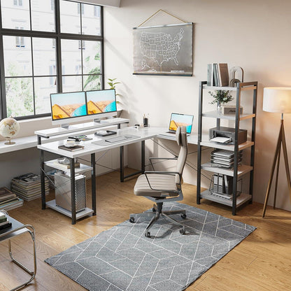 ODK Eckschreibtisch L-Form mit Monitorständer und Regal Weiß 155×140cm