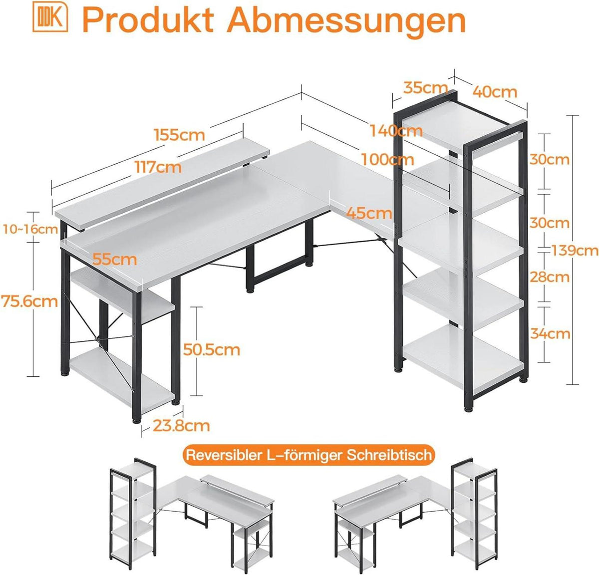 ODK Eckschreibtisch L-Form mit Regal und Monitorständer Weiß 155×140cm