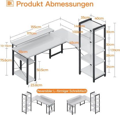 ODK Eckschreibtisch L-Form mit Regal und Monitorständer Weiß 155×140cm
