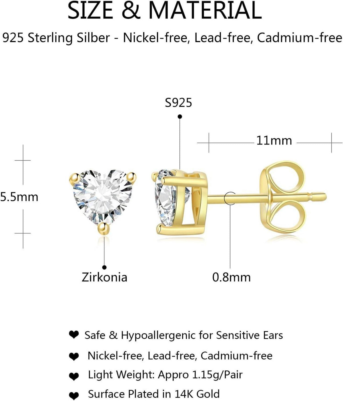 GW Ohrringe Herz 925 Sterling Silber Ohrstecker Damen Geschenke