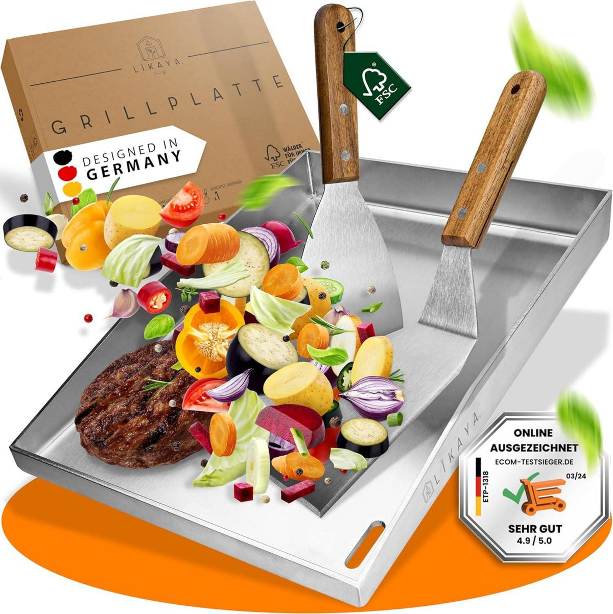 Edelstahl Grillplatte Plancha 30x40cm mit Grillspachteln