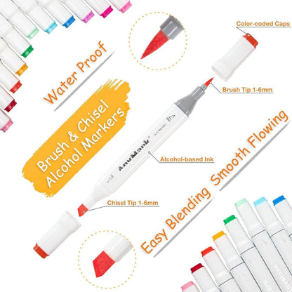 Alkohol Marker Pinselspitze 100 Farben + Blender Set