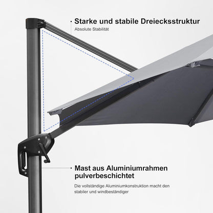 Ampelschirm 270x270 cm Kurbel Aluminium 360°Rotation Hellgrau UV-beständig