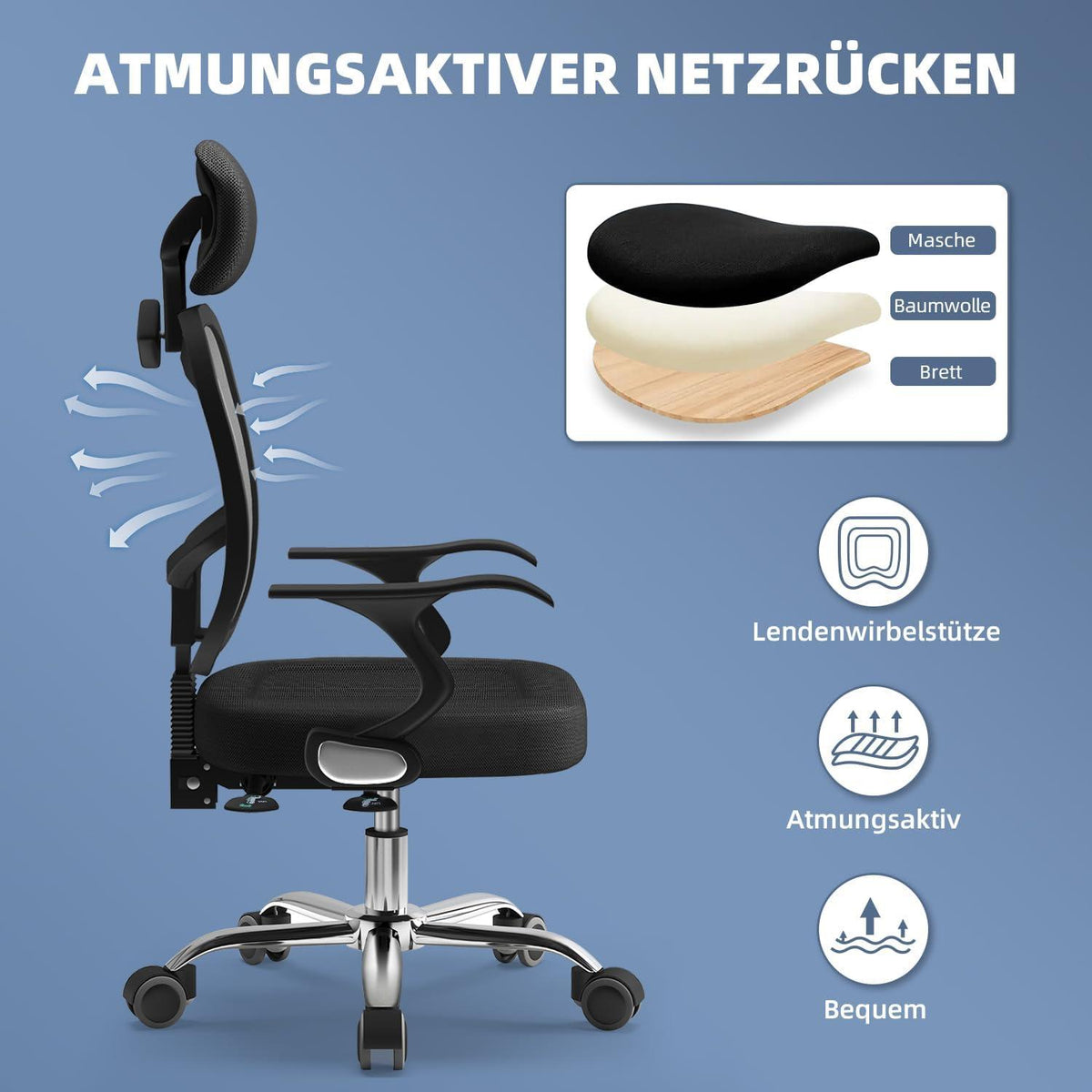 Ergonomischer Bürostuhl höhenverstellbar mit Wippfunktion 135°, atmungsaktiv