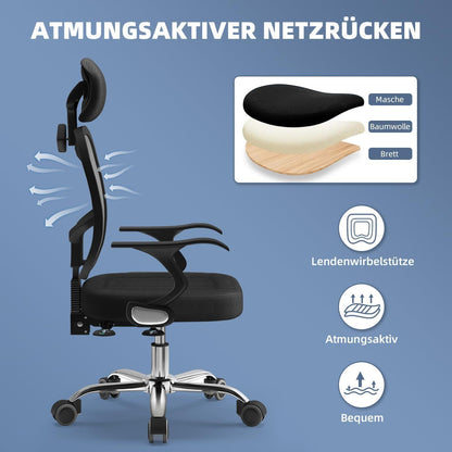 Ergonomischer Bürostuhl höhenverstellbar mit Wippfunktion 135°, atmungsaktiv