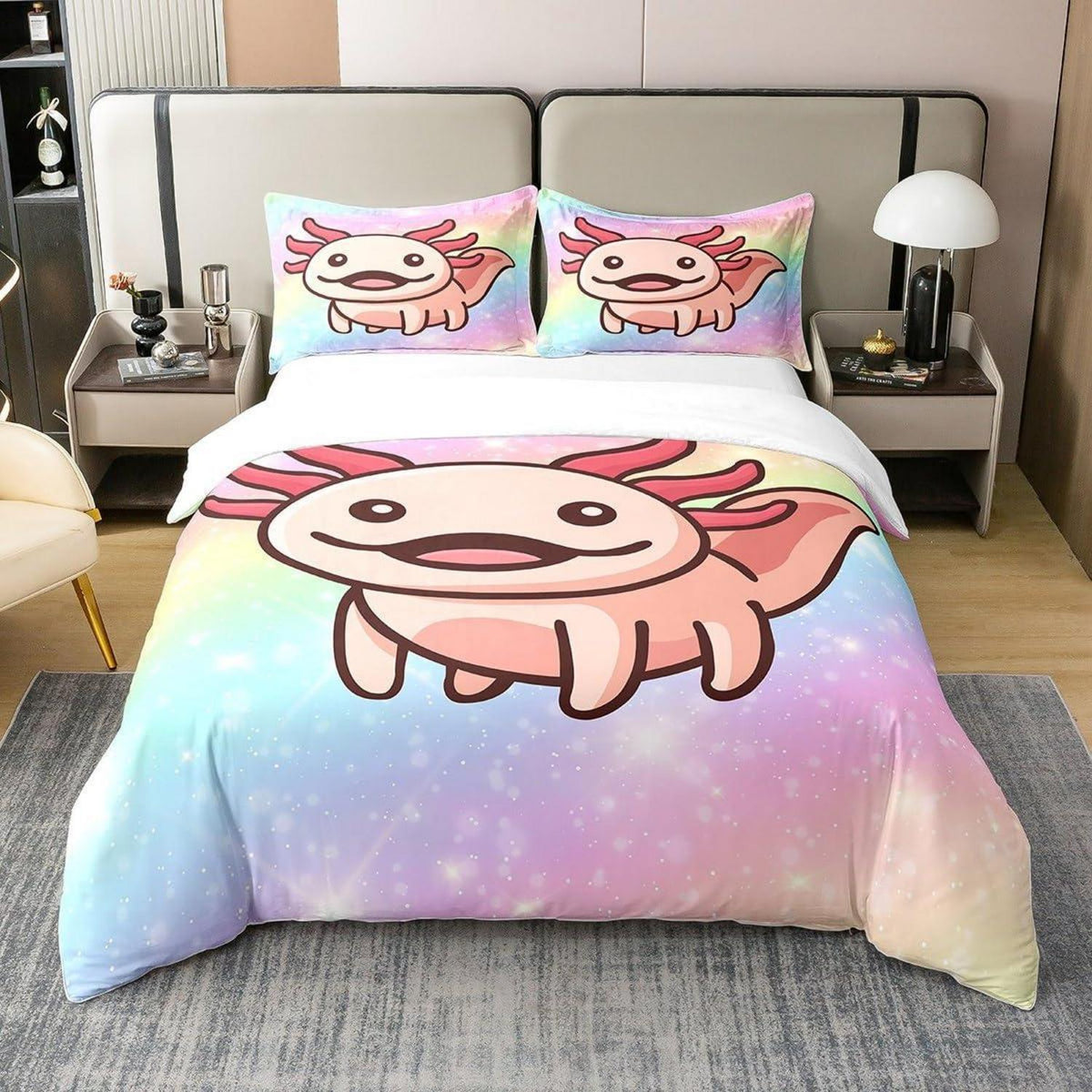 Axolotl Baumwoll Bettbezug Set 135x200 – Pastell Regenbogen Design