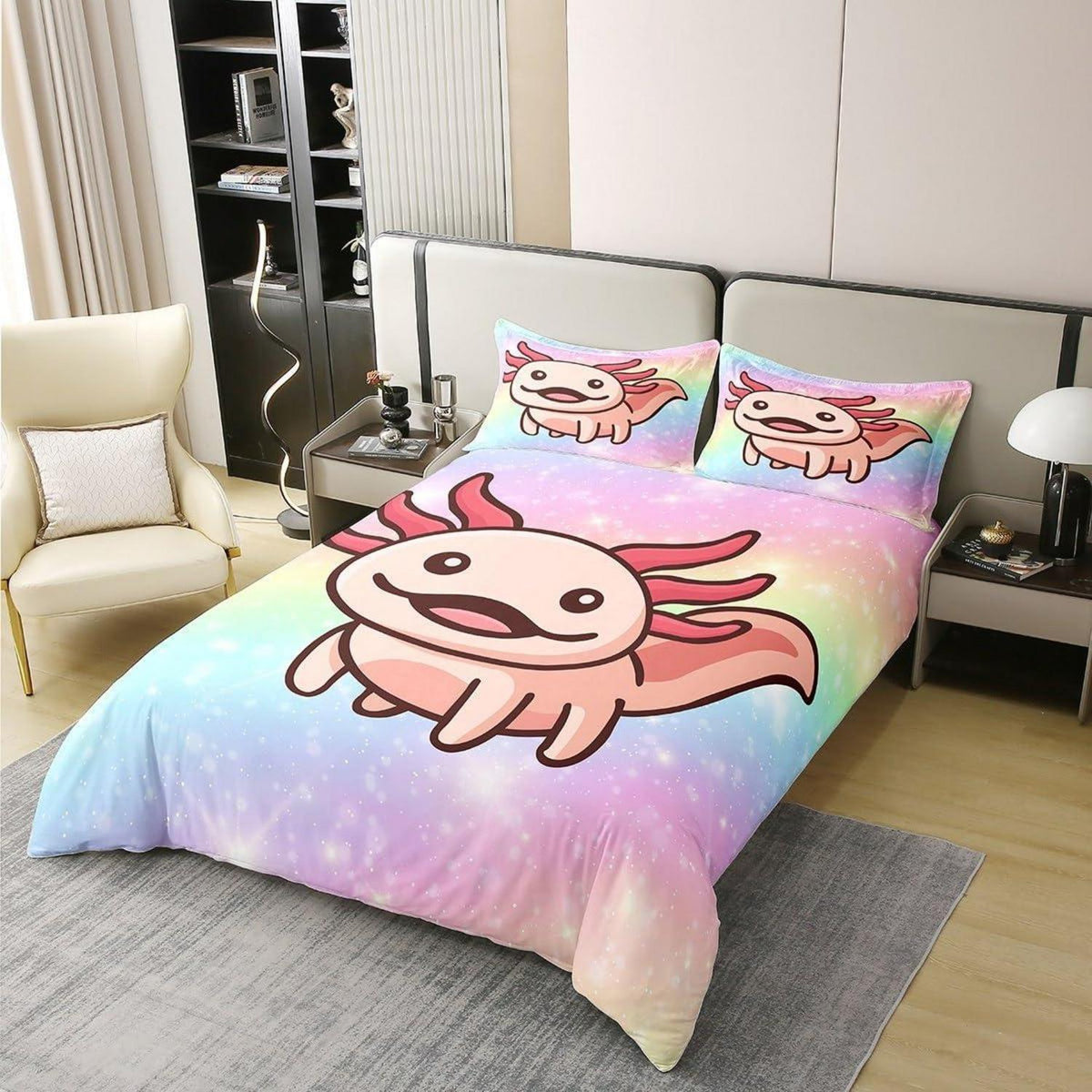 Axolotl Baumwoll Bettbezug Set 220x240 - Pastell Regenbogen Sterne