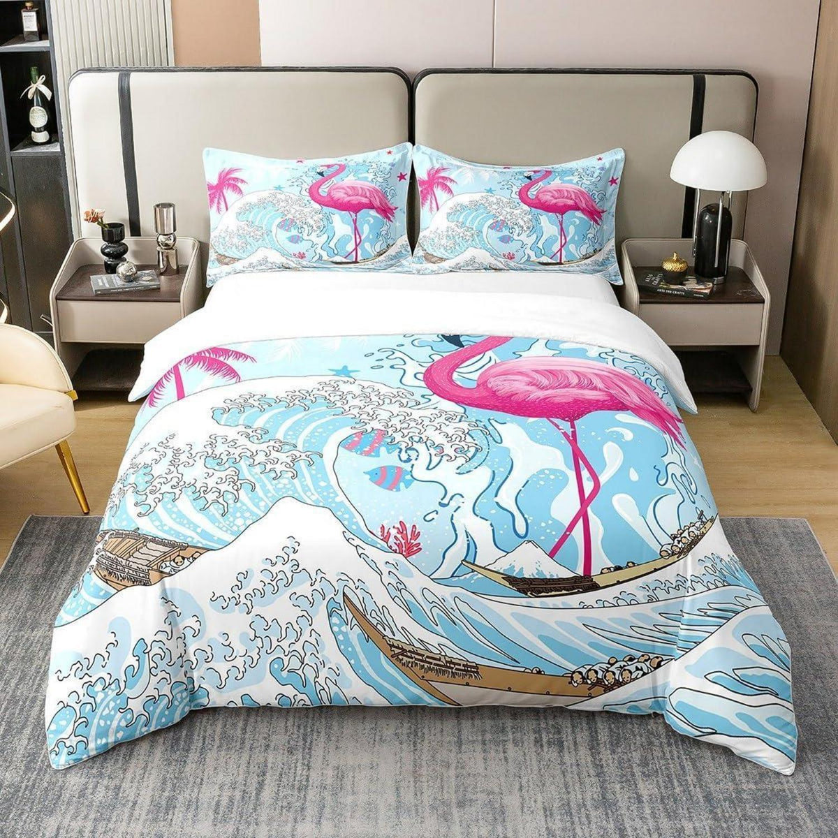 Rosa Flamingo Bettbezug 135x200 – Bio-Baumwolle & Ozean Design