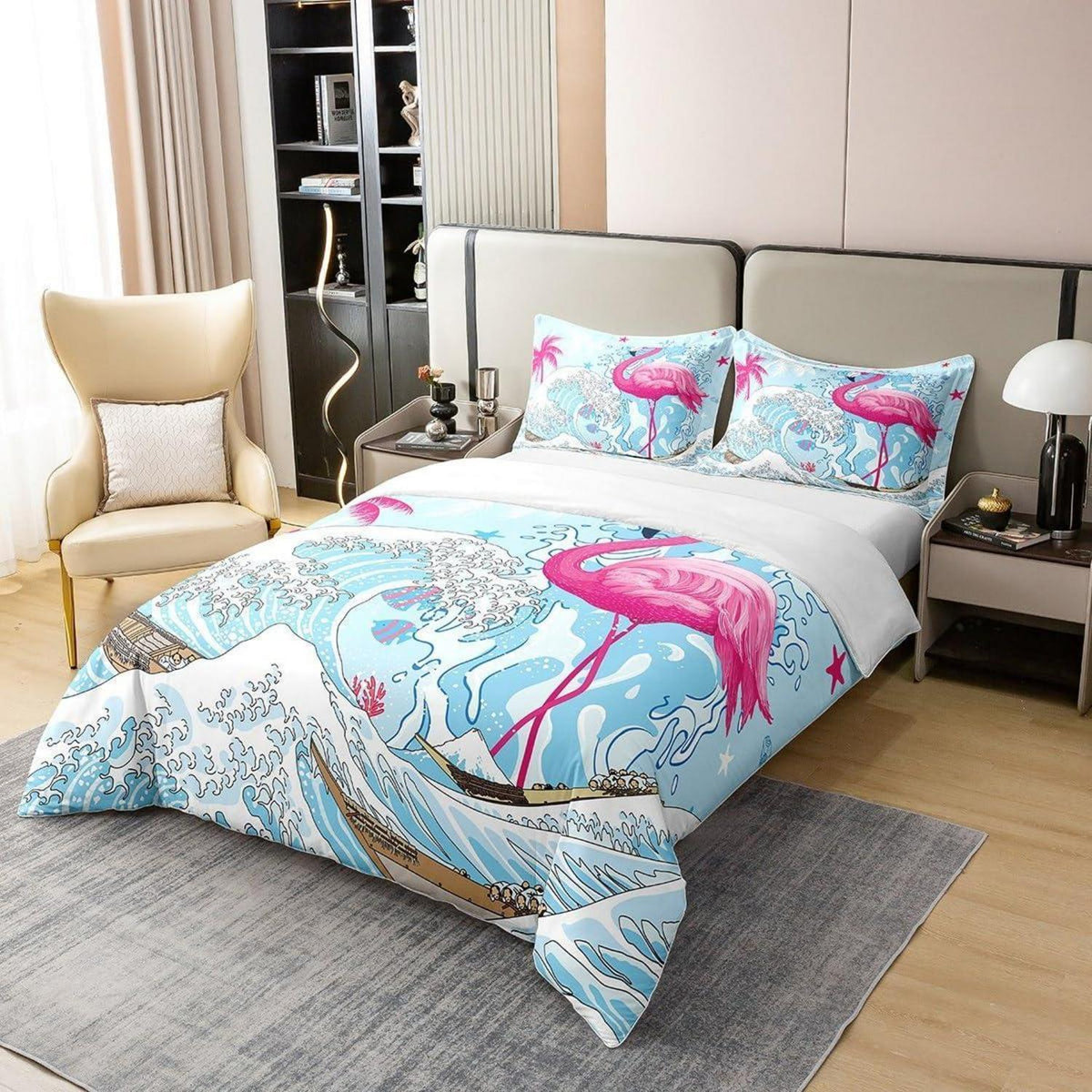 Rosa Flamingo Bettbezug 135x200 – Bio-Baumwolle & Ozean Design