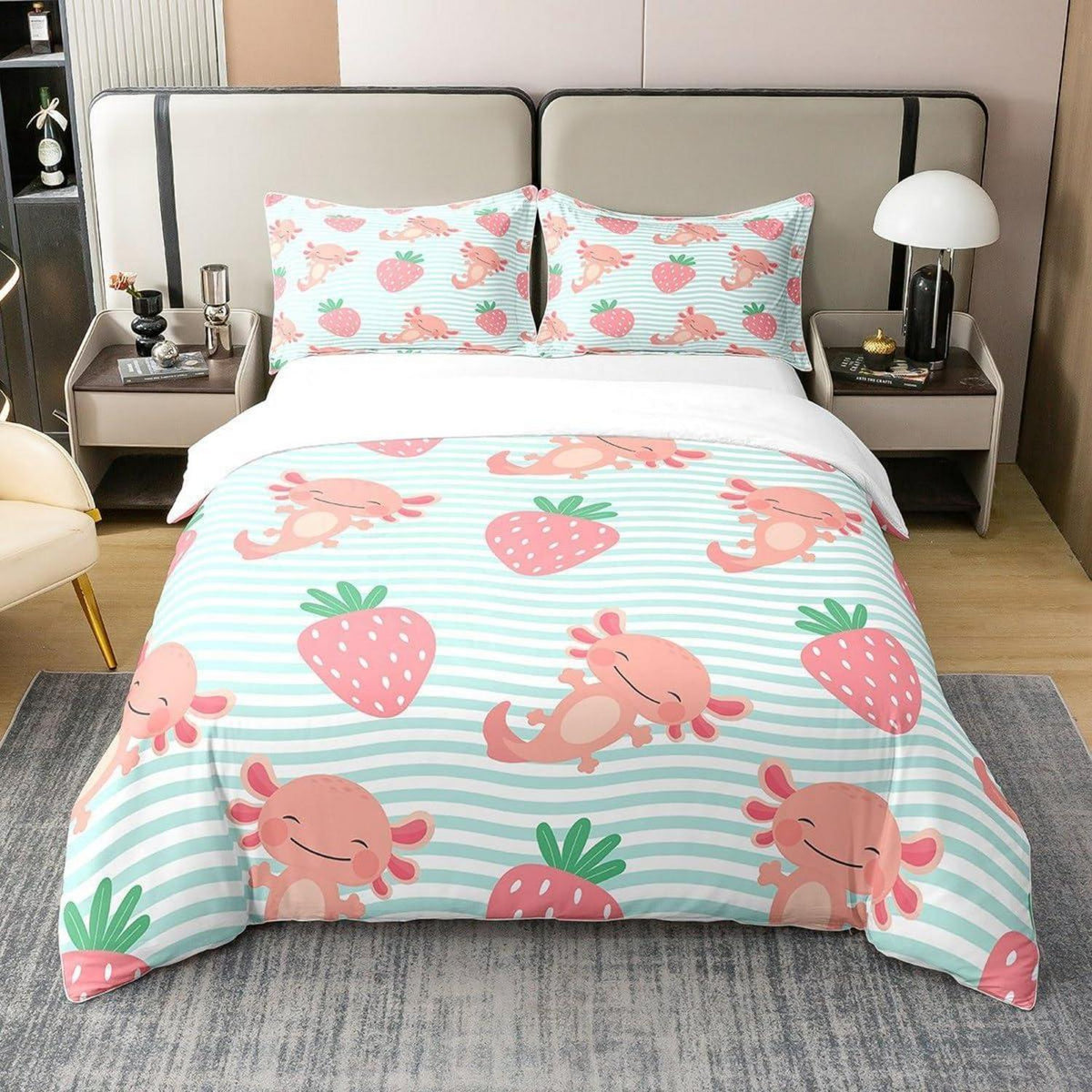 Kawaii Erdbeer & Axolotl Bettwäsche Set 100% Baumwolle