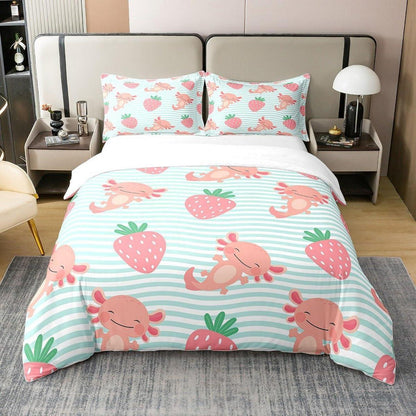 Kawaii Erdbeer & Axolotl Bettwäsche Set 100% Baumwolle