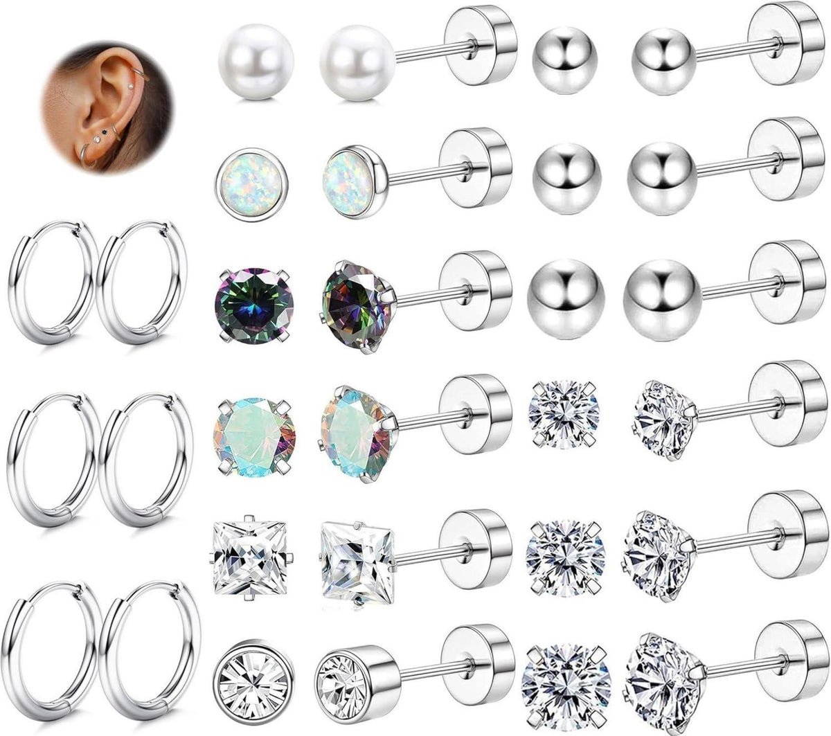 Kleine Chirurgenstahl Silber Ohrringe Set Opal Zirkonia hypoallergen