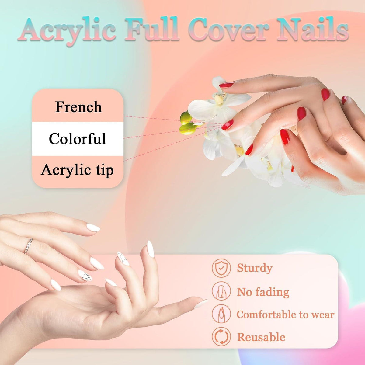 24er Set Eckige Künstliche Nägel zum Aufkleben, Braun French Acryl