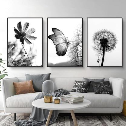 3er Poster Set Aesthetic Schwarz-Weißer Schmetterling Blume 40x50cm
