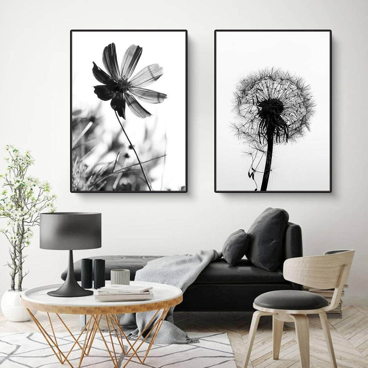 3er Poster Set Schwarz-Weißer Schmetterling Blume Wandbilder Wohnzimmer 40x50cm