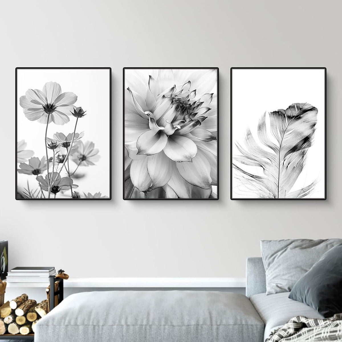 3er Poster Set Schwarz-Weiß Schmetterling Blume Wanddeko