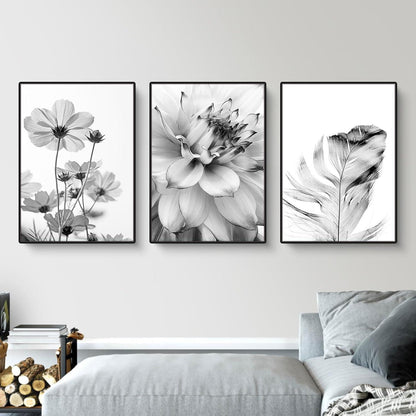 3er Poster Set Schwarz-Weiß Schmetterling Blume Wanddeko