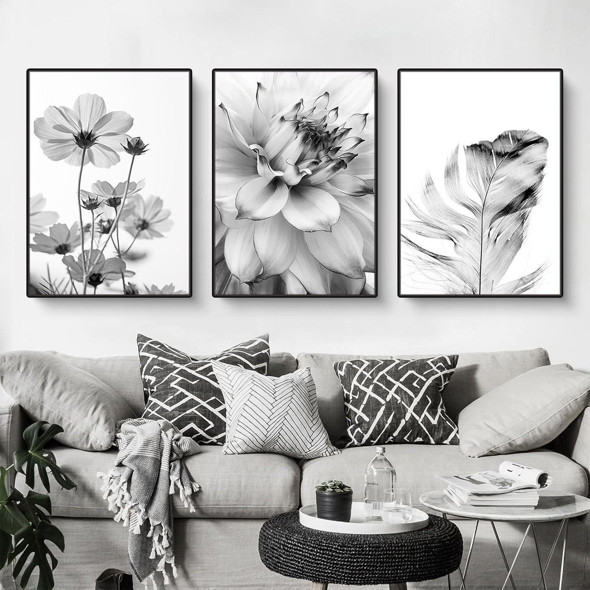 3er Poster Set Schwarz-Weiß Schmetterling Blume Wanddeko