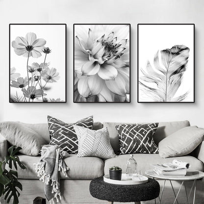 3er Poster Set Schwarz-Weiß Schmetterling Blume Wanddeko