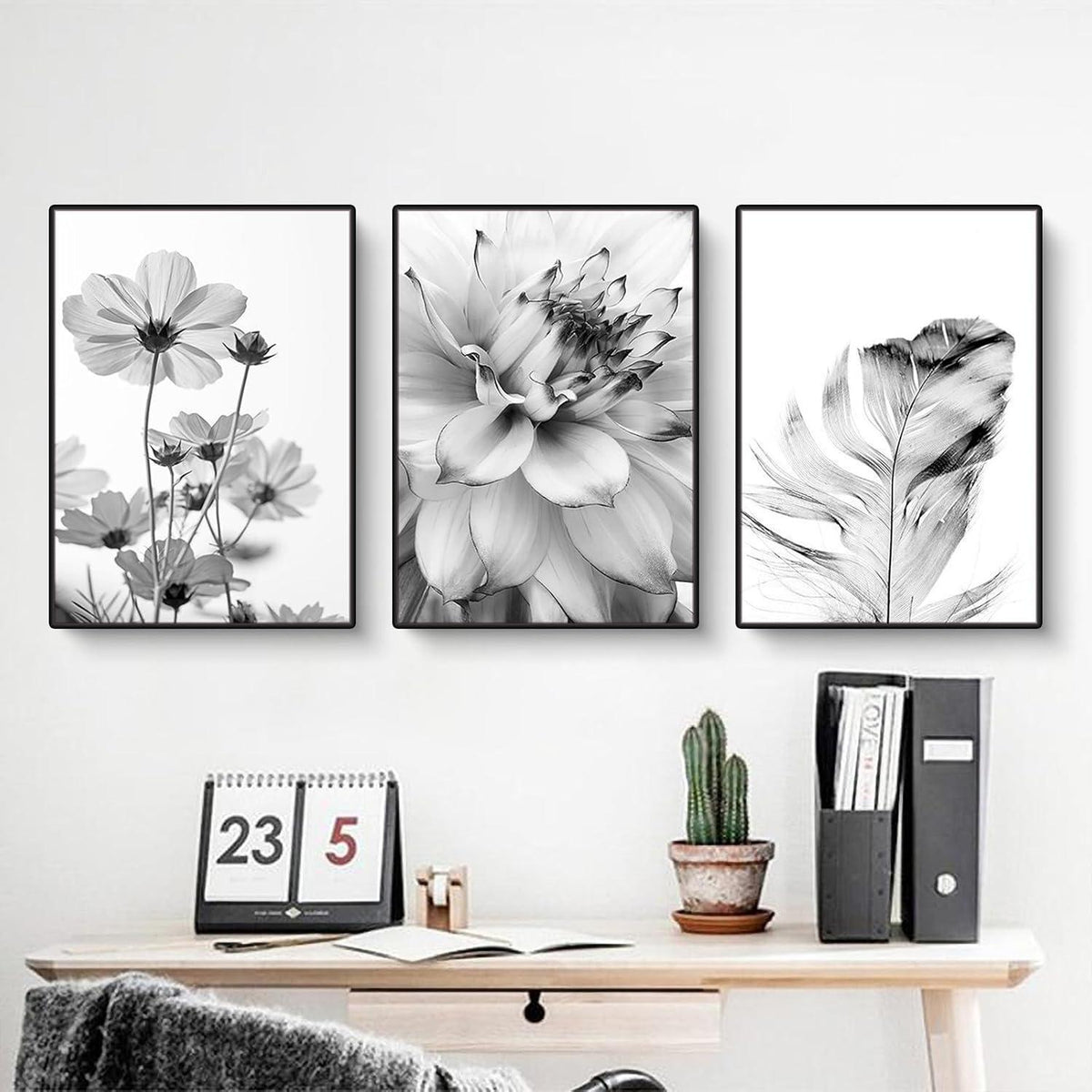 3er Poster Set Schwarz-Weiß Schmetterling Blume Wanddeko