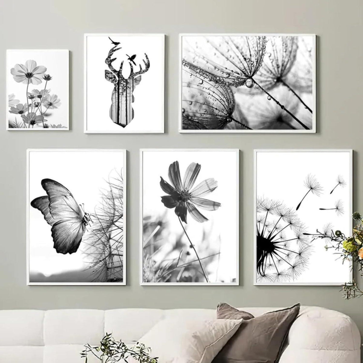 3er Poster Set Schwarz-Weiß Schmetterling Blume Wanddeko