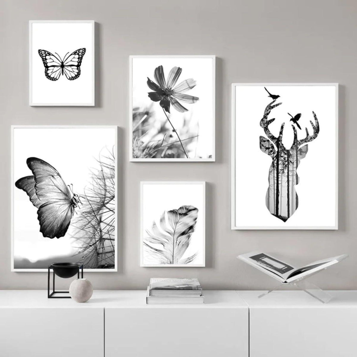 3er Poster Set Schwarz-Weiß Schmetterling Blume Wanddeko