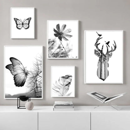 3er Poster Set Schwarz-Weiß Schmetterling Blume Wanddeko
