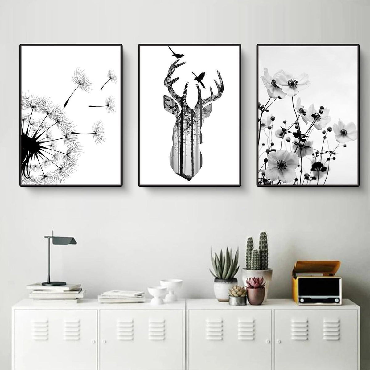 3er Poster Set Schwarz-Weiß Schmetterling Blume Wanddeko
